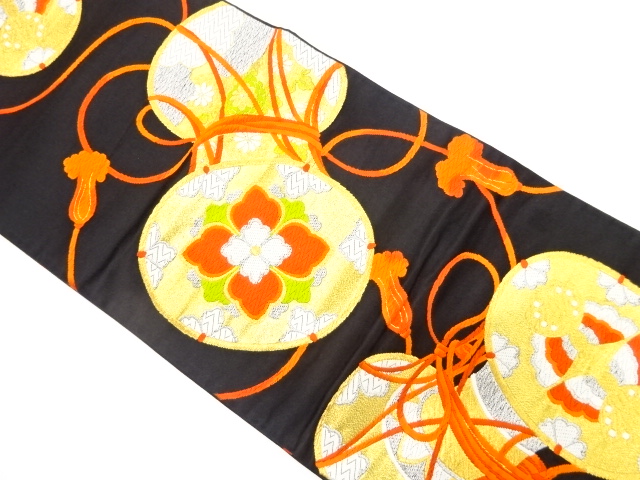 アンティーク　鼓に花・蝶模様織り出し袋帯（着用可）